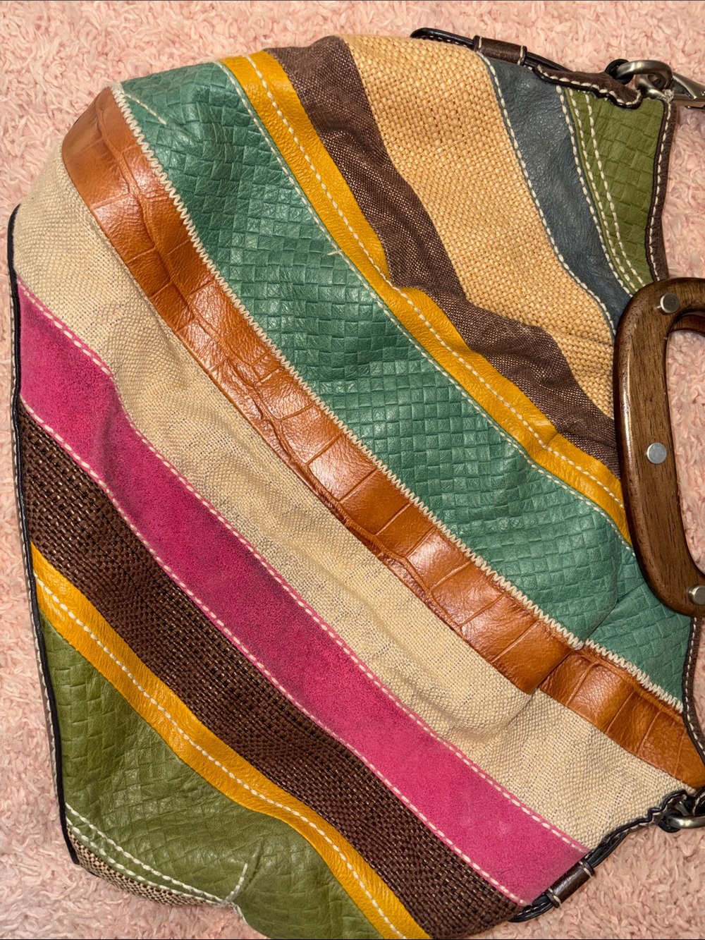 Fossil Kristy II patchwork hobo bag leather, suede, canvas wood handle crossbod - Picture 5 of 17